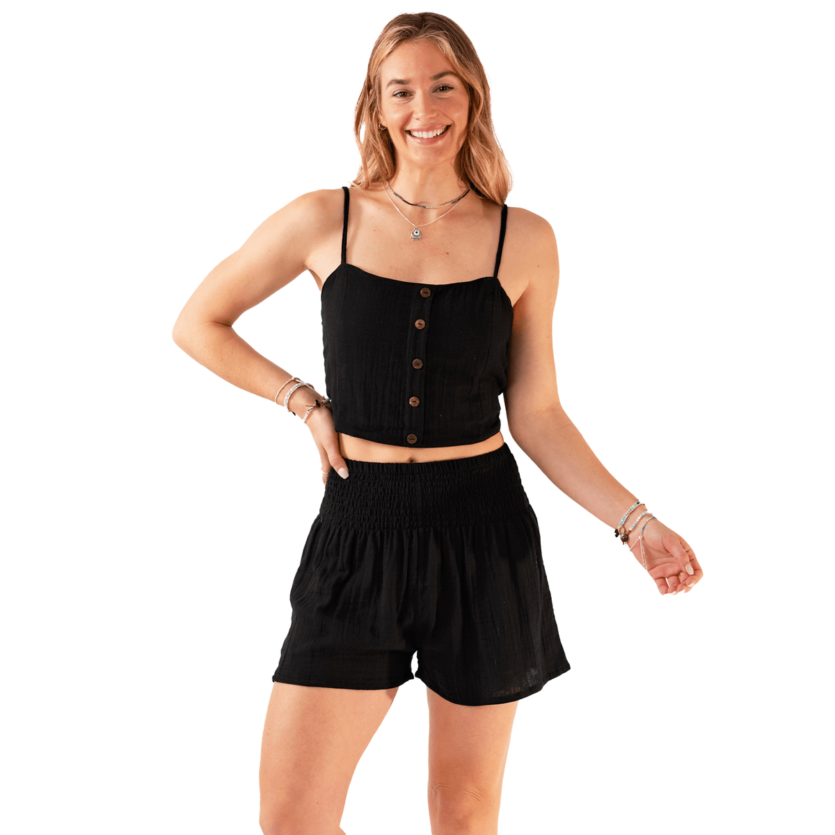 Lotus and Luna Black Cruisin Cotton Crop Top & Shorts Lounge Set