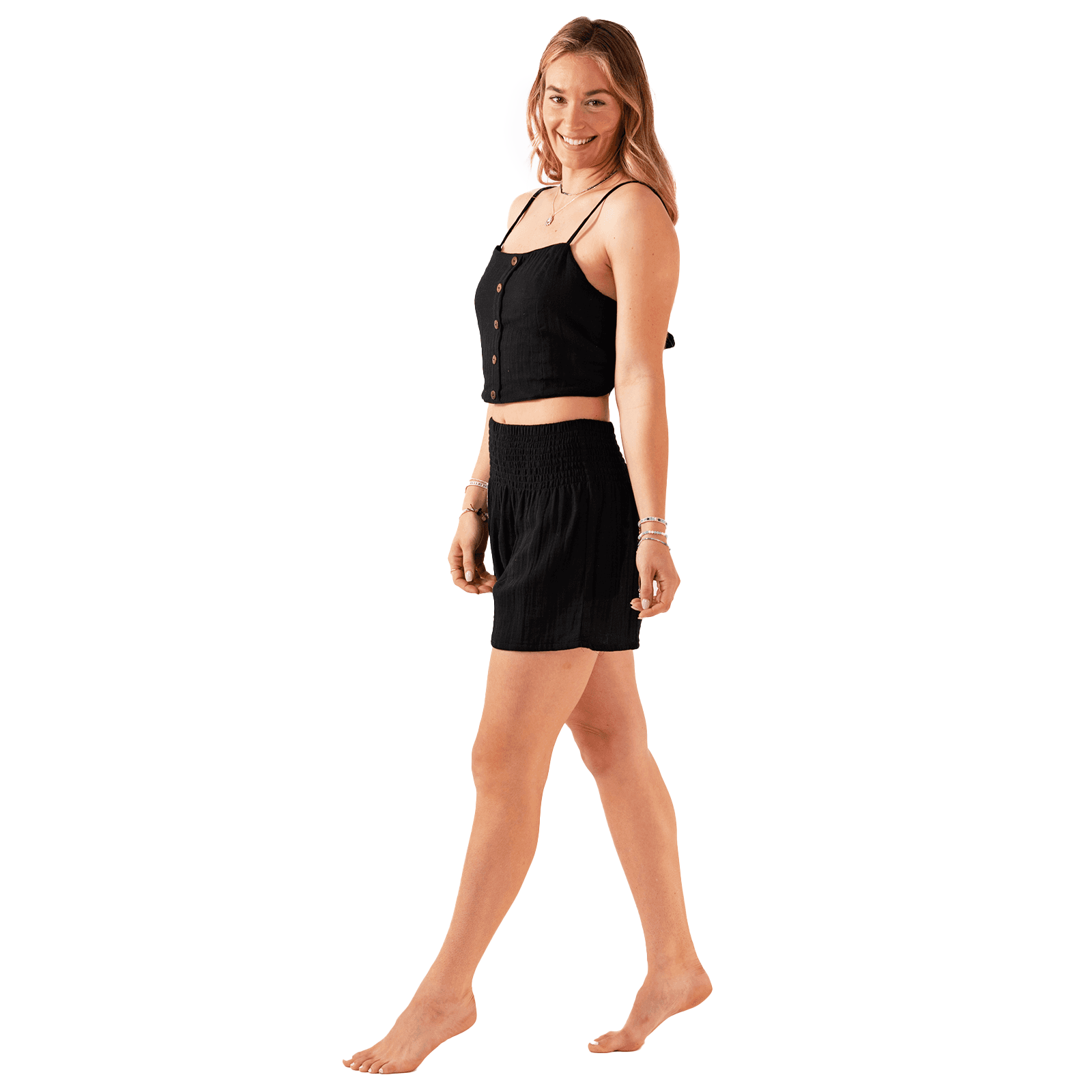 Lotus and Luna Black Cruisin Cotton Crop Top & Shorts Lounge Set