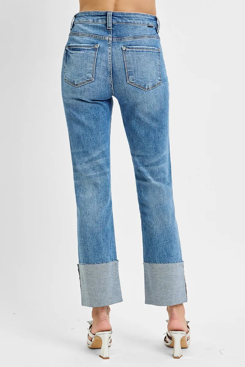 Risen High Rise Straight Jeans with Wide Cuff