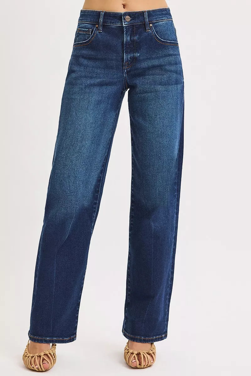 Risen Mid Rise Dark Wash Wide Baggy Jeans