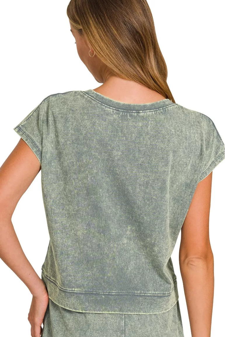 Zenana Halo Snow Washed Short Sleeve Tee and Shorts Set in Ash Jade