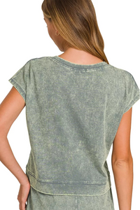 Zenana Halo Snow Washed Short Sleeve Tee and Shorts Set in Ash Jade
