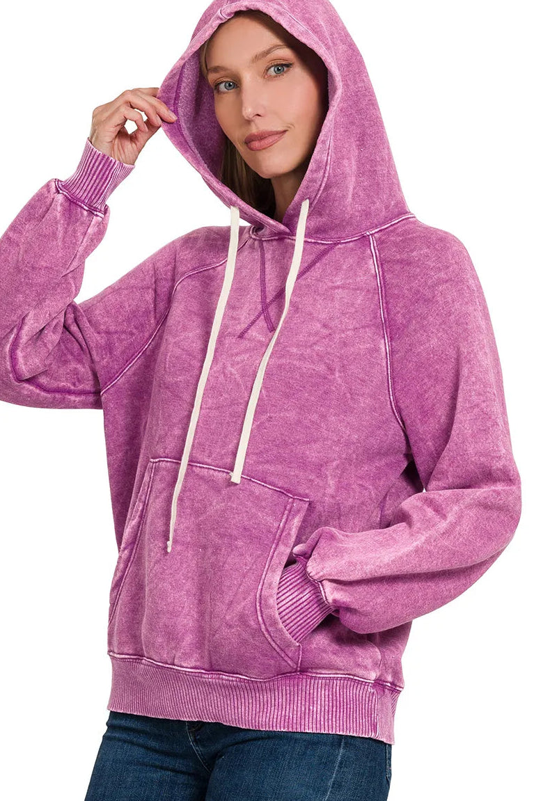 Zenana Acid Wash Fleece Hoodie with Kangaroo Pocket in Light Plum