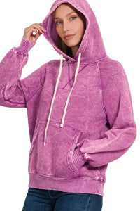 Zenana Acid Wash Fleece Hoodie with Kangaroo Pocket in Light Plum