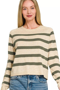 Zenana Lightweight Striped Round Neck Sweater in Dark Olive