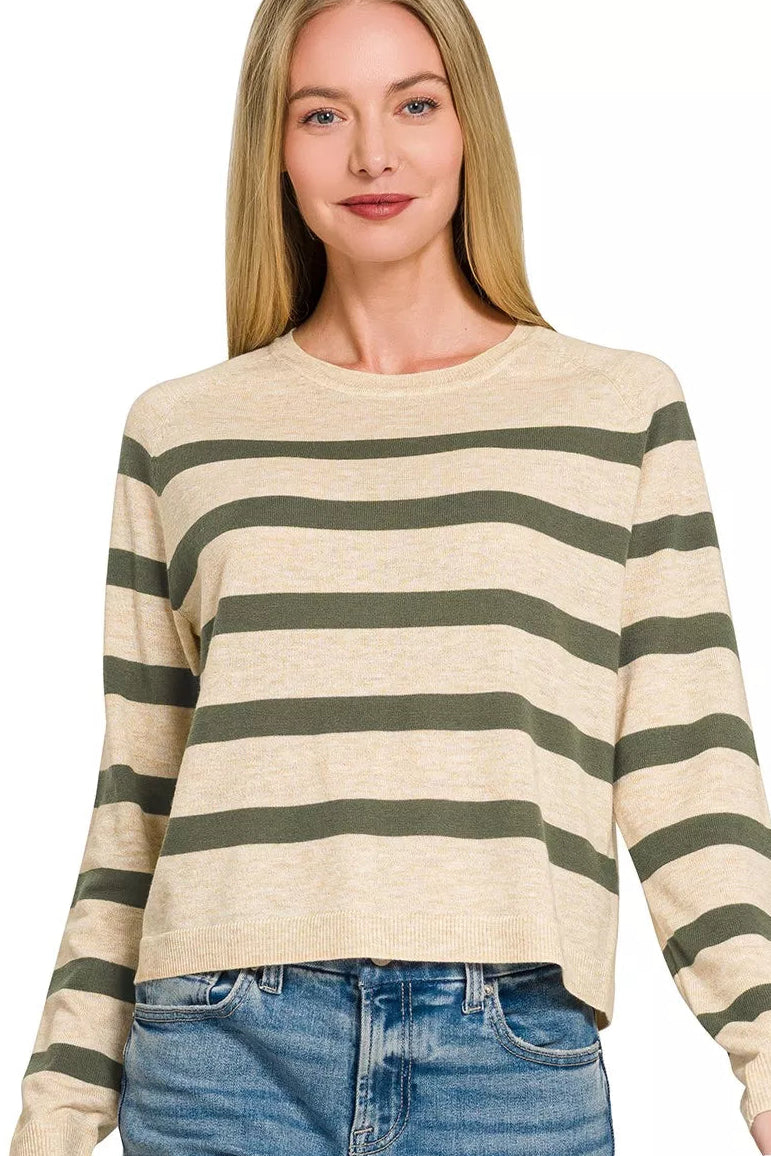 Zenana Lightweight Striped Round Neck Sweater in Dark Olive