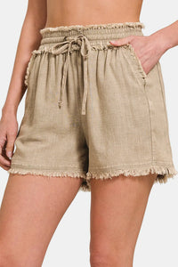 Zenana Washed Linen Frayed Hem Drawstring Shorts
