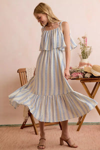 So Me Nautical Stripe Tiered Shoulder Tie Midi Dress