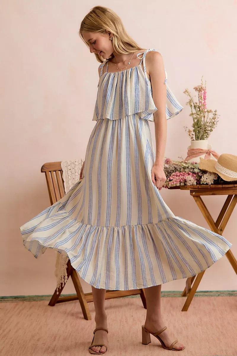 So Me Nautical Stripe Tiered Shoulder Tie Midi Dress