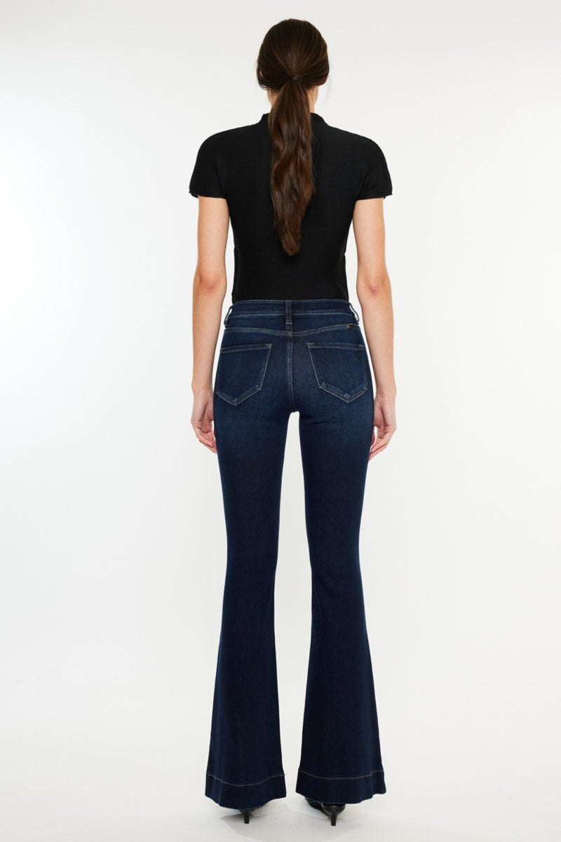 Kancan High Rise Dark Wash Trouser Hem Flare Jeans