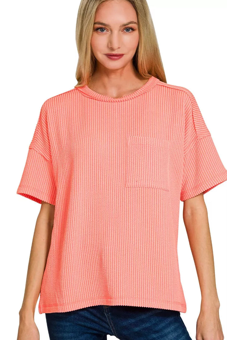 Zenana Raised Rib Short Sleeve Front Pocket Tee in Coral