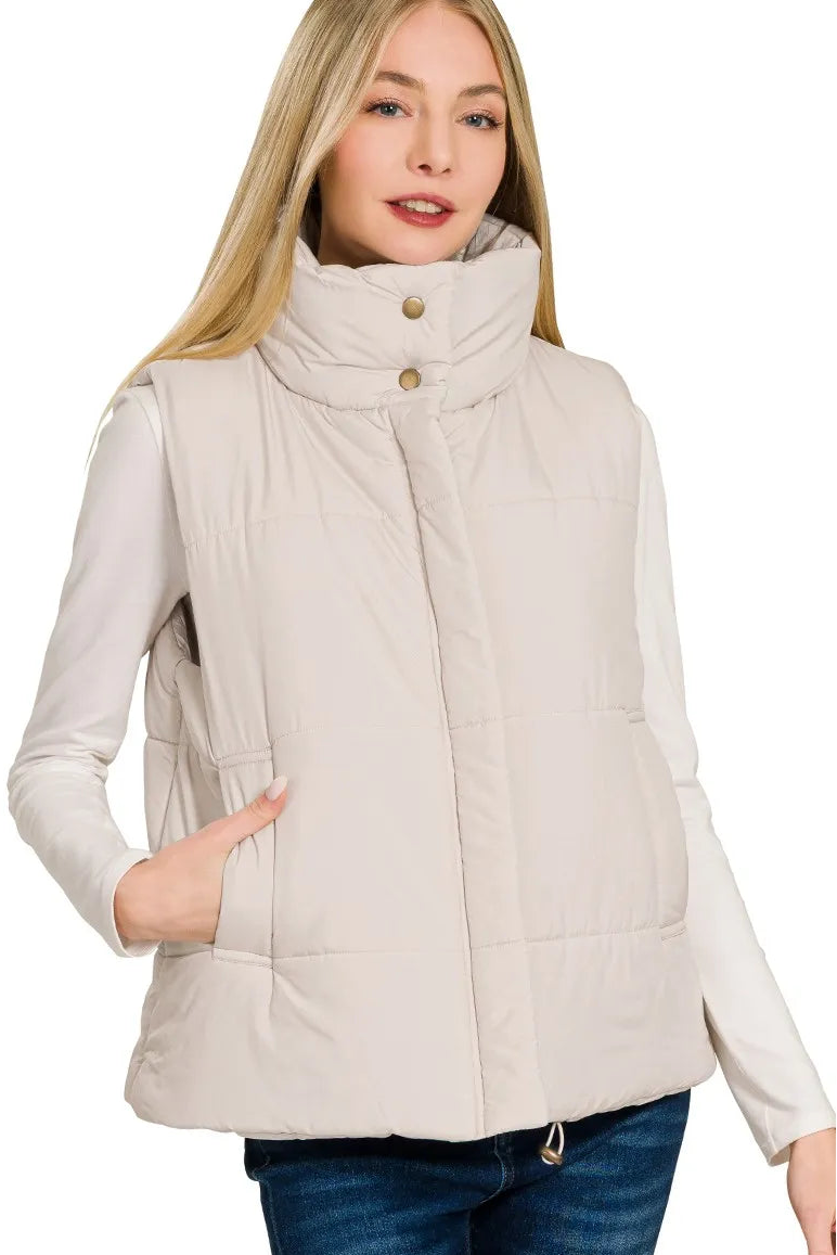 Zenana High Neck Zip-Up Vest Coat in Sand Beige