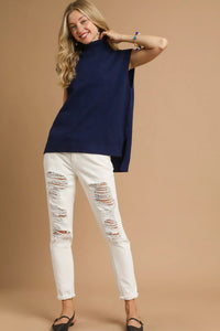 Umgee High-Low Turtleneck Sleeveless Sweater Knit Top in Navy