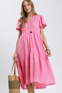 Umgee Peony Textured Tiered Midi Dress with Side Pockets