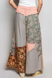 POL Striped Floral Patchwork Wide Leg Pants