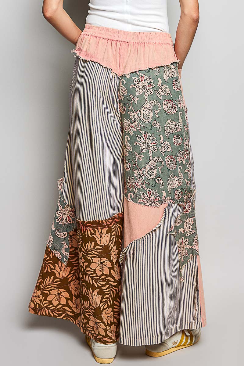 POL Striped Floral Patchwork Wide Leg Pants