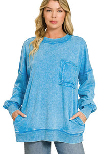 Zenana Acid Washed French Terry Pullover Sweatshirt in Deep Sky