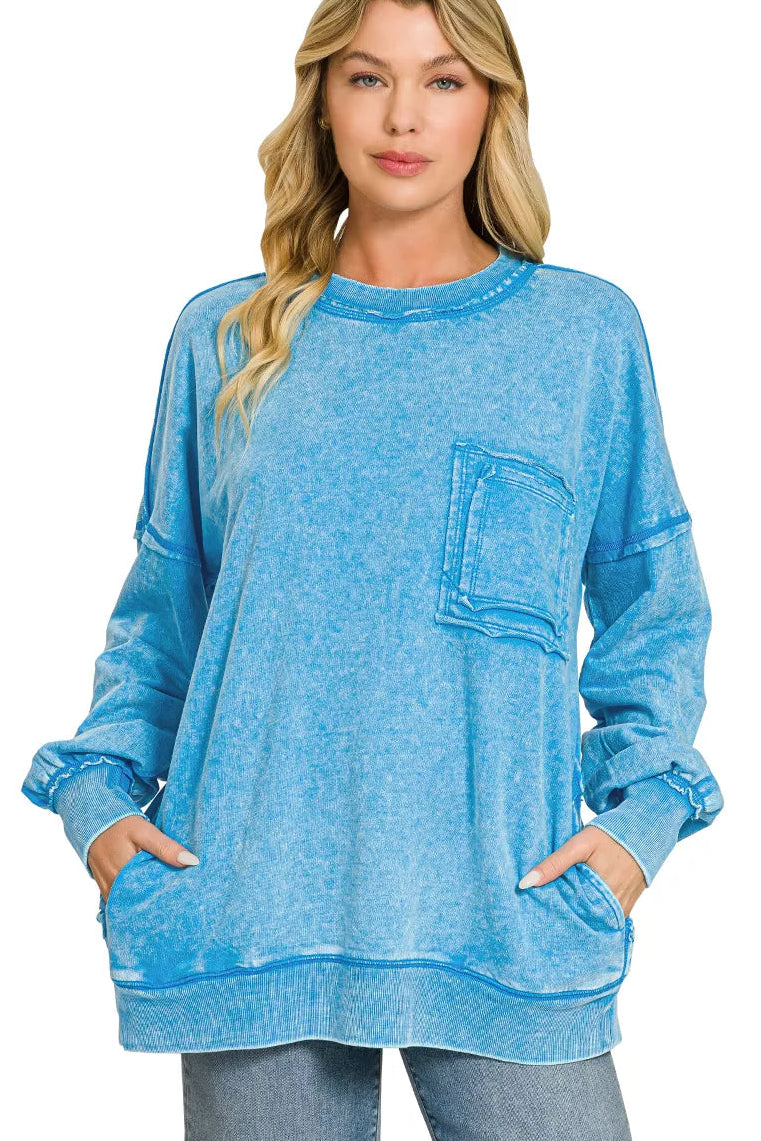 Zenana Acid Washed French Terry Pullover Sweatshirt in Deep Sky