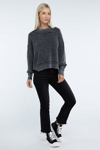 Ribbed Exposed Seam Round Neck Dropped Shoulder Sweater