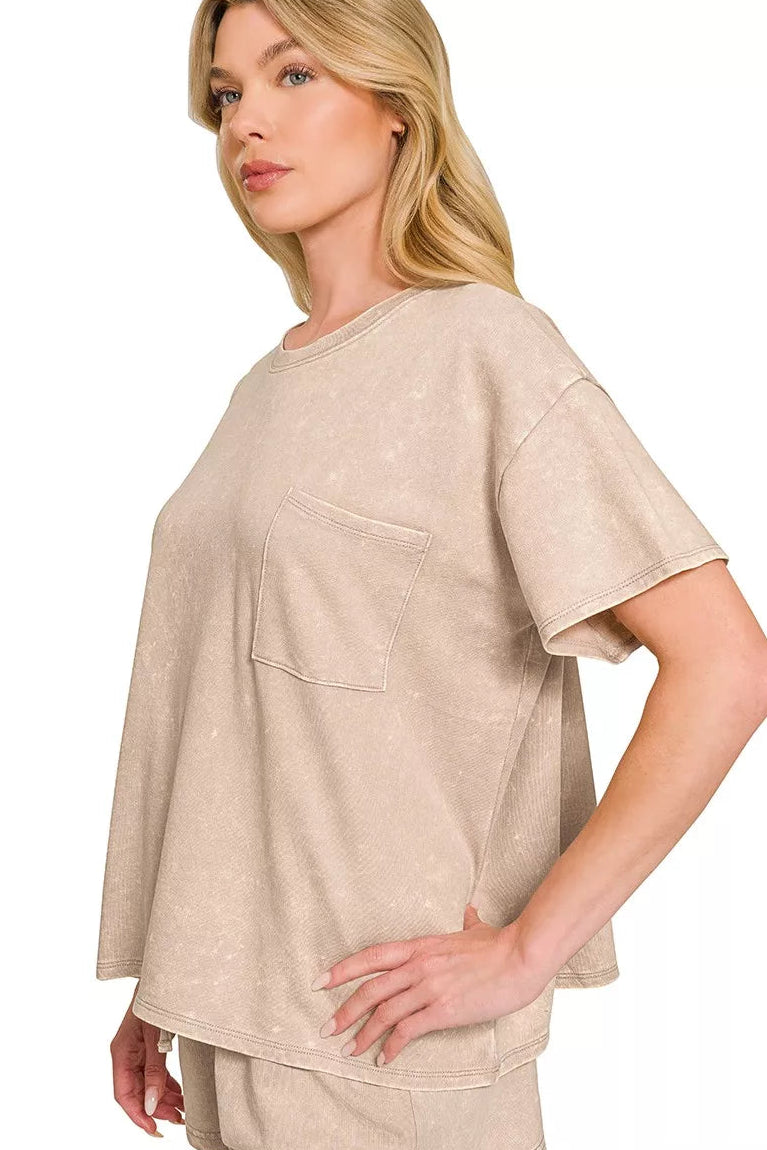 Zenana French Terry Acid Washed Relaxed Top & Shorts Set