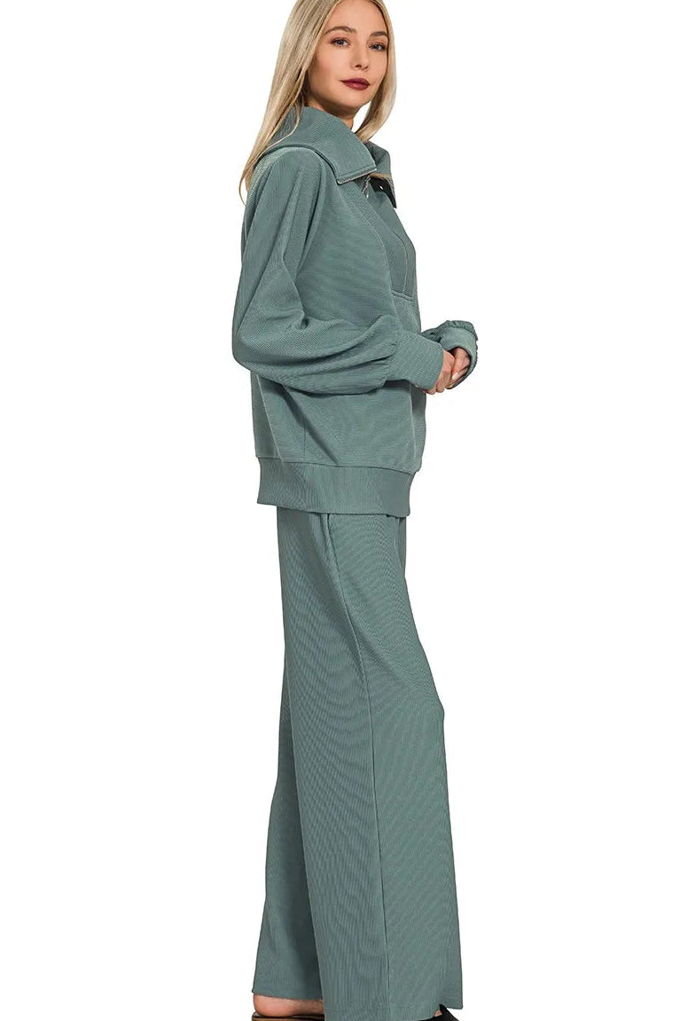 Zenana Ribbed High Neck Half Zip Pullover & Pants Set in Ash Jade