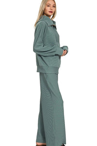 Zenana Ribbed High Neck Half Zip Pullover & Pants Set in Ash Jade