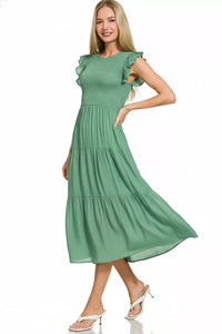 Woven Smocked Ruffle Sleeve Midi Dress in Jade Green