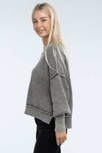 Ribbed Exposed Seam Round Neck Dropped Shoulder Sweater