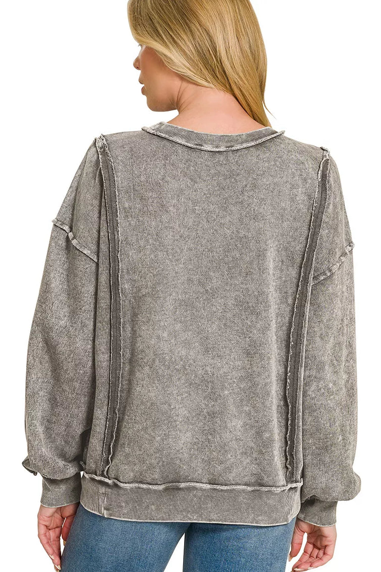 Snow Washed French Terry Pullover Sweatshirt in Ash Black