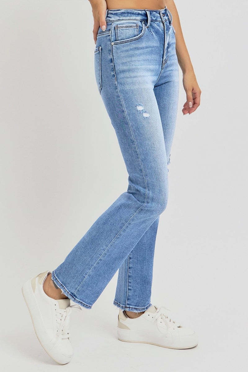 RISEN High Rise Ankle Straight Knee Distressed Jeans