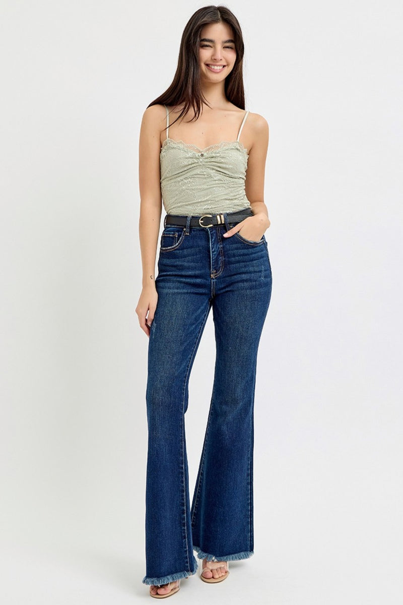 RISEN High Rise Tummy Control Frayed Hem Flare Jeans