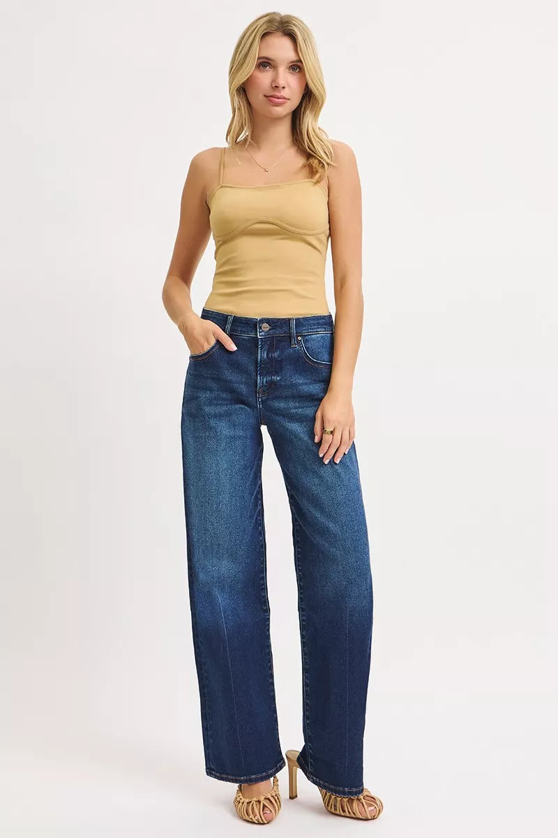 Risen Mid Rise Dark Wash Wide Baggy Jeans