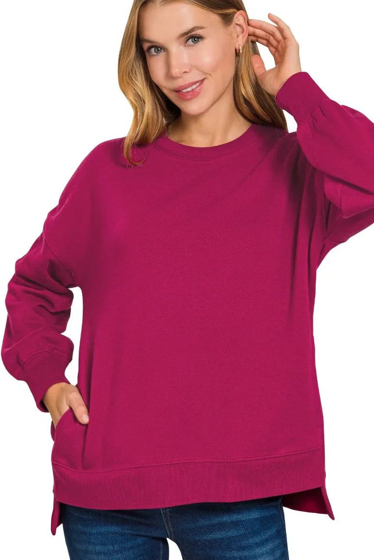 Zenana Fleece Hi-Low Boyfriend Sweatshirt with Pockets - Cabernet