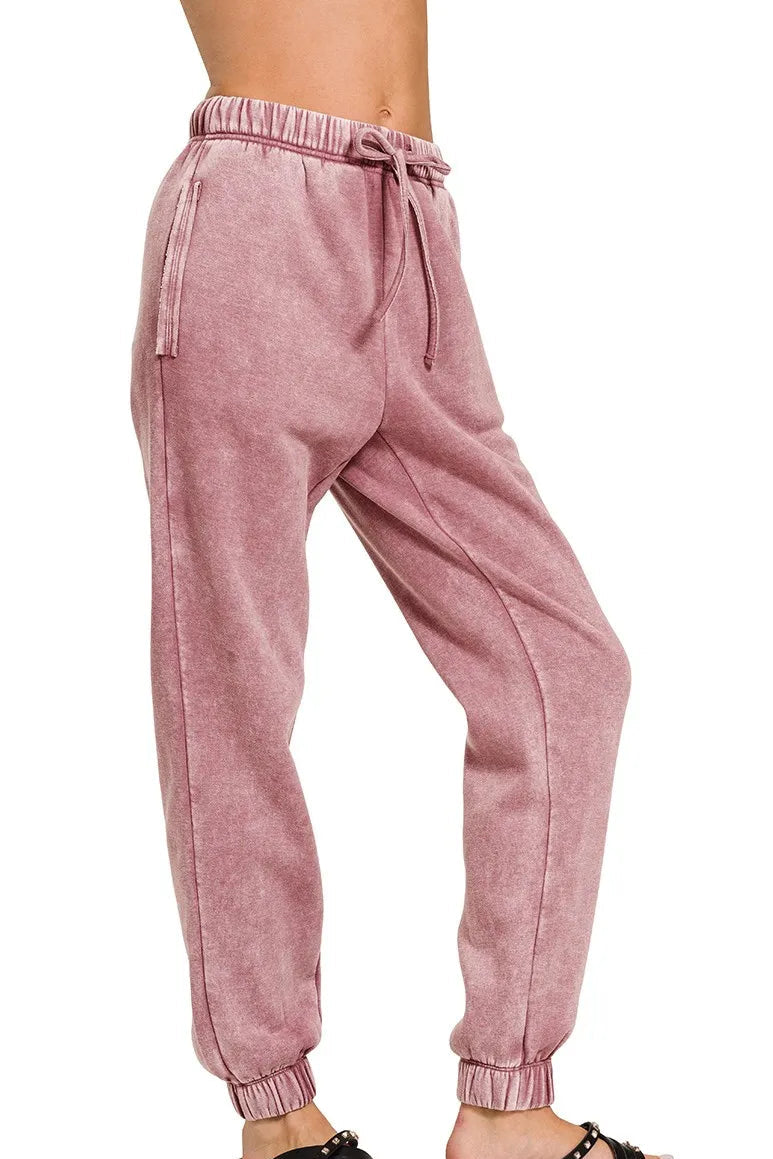Acid Wash Fleece Jogger Sweatpants in Light Rose