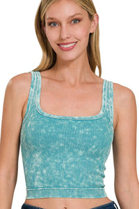 Washed Two-Way Neckline Ribbed Tank in Light Teal