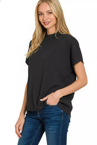 Zenana Viscose Mock Neck Short Sleeve Boxy Sweater Knit Top in Black