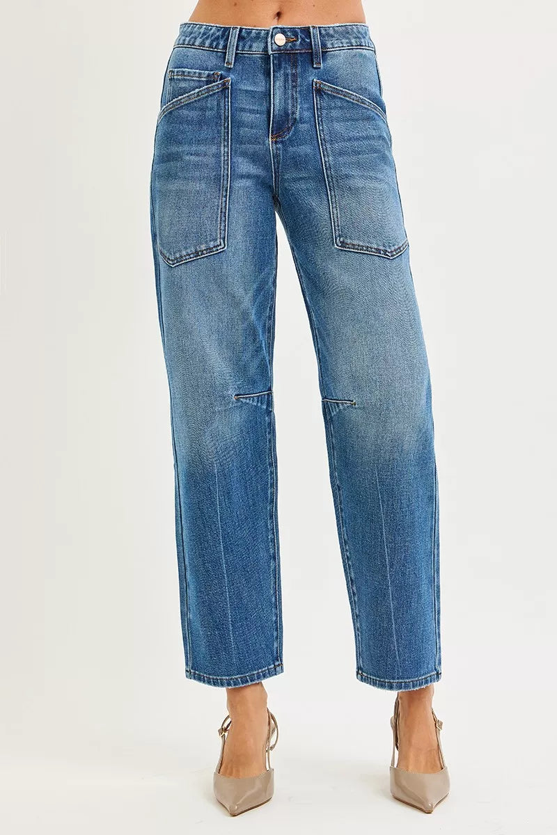 Risen Mid Rise Patch Pocket Barrel Jeans