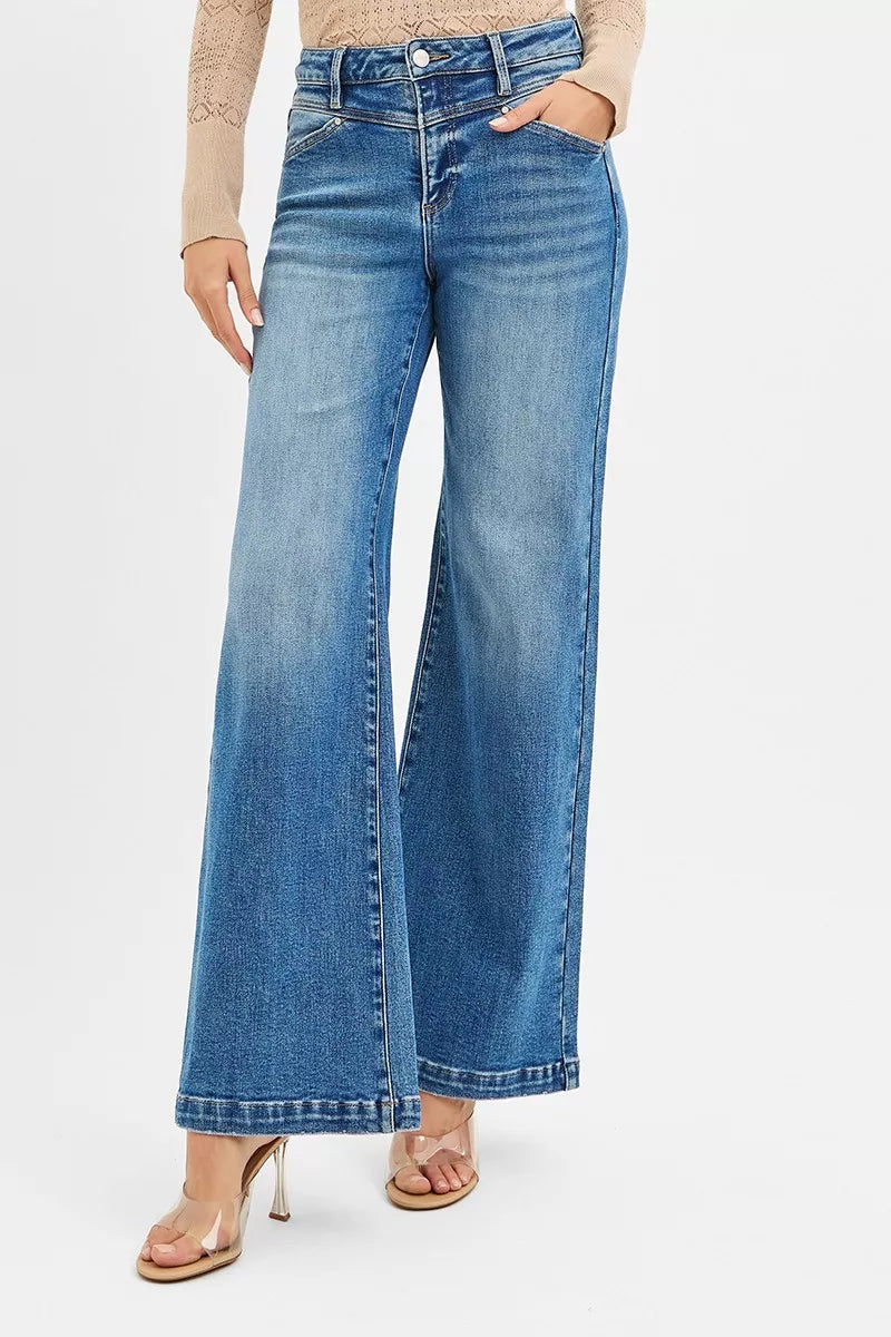 Risen High Rise Front Yoke Wide Leg Jeans w/ Heart Pockets