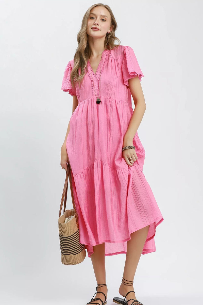Umgee Peony Textured Tiered Midi Dress with Side Pockets