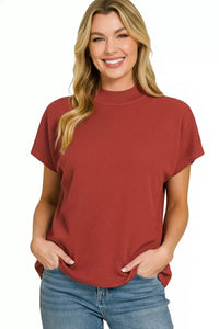 Zenana Viscose Mock Neck Short Sleeve Boxy Sweater Knit Top in Rust