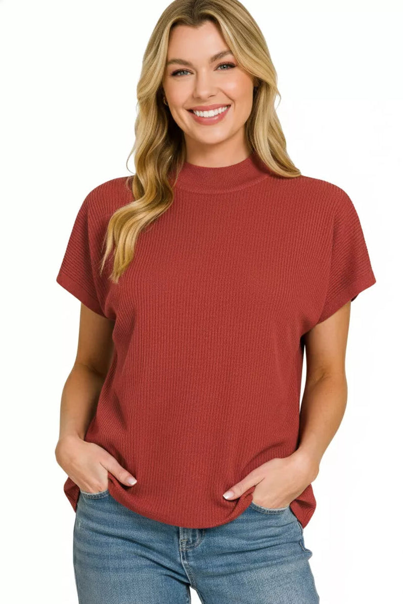 Zenana Viscose Mock Neck Short Sleeve Boxy Sweater Knit Top in Rust