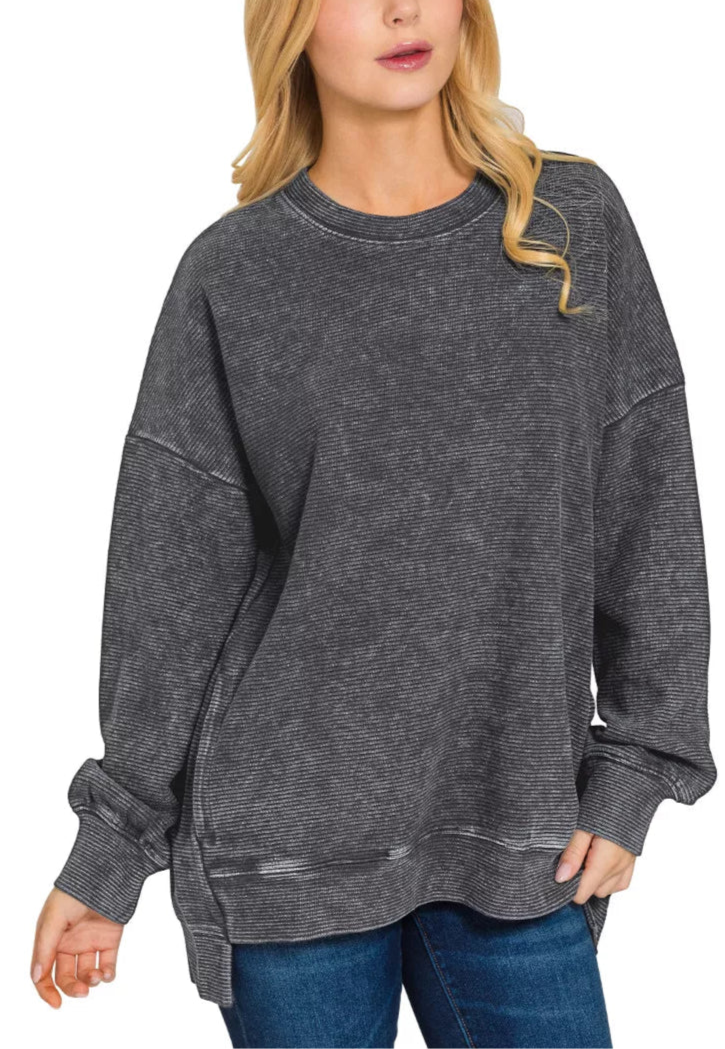 Acid Washed Double Ribbed Hi-low Pullover Sweatshirt in Black