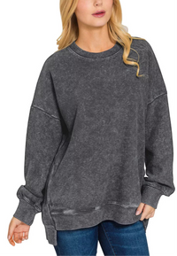 Acid Washed Double Ribbed Hi-low Pullover Sweatshirt in Black
