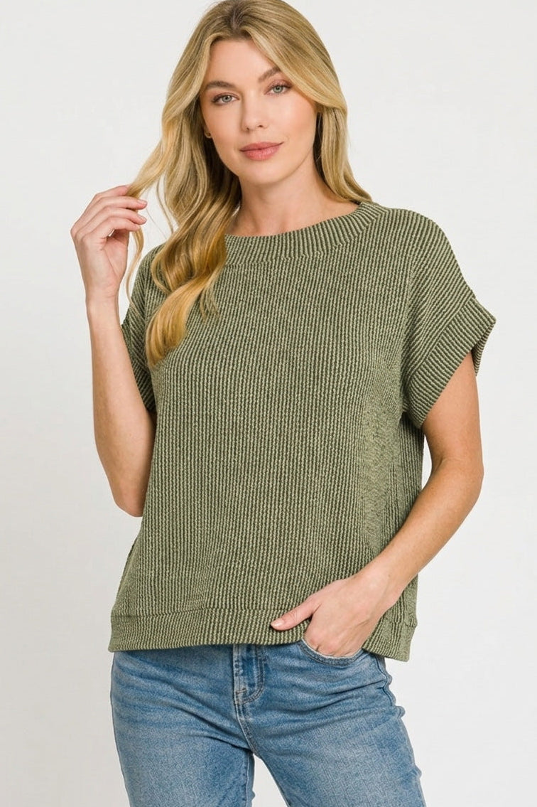 Zenana Raised Rib Cap Sleeve Top in Olive