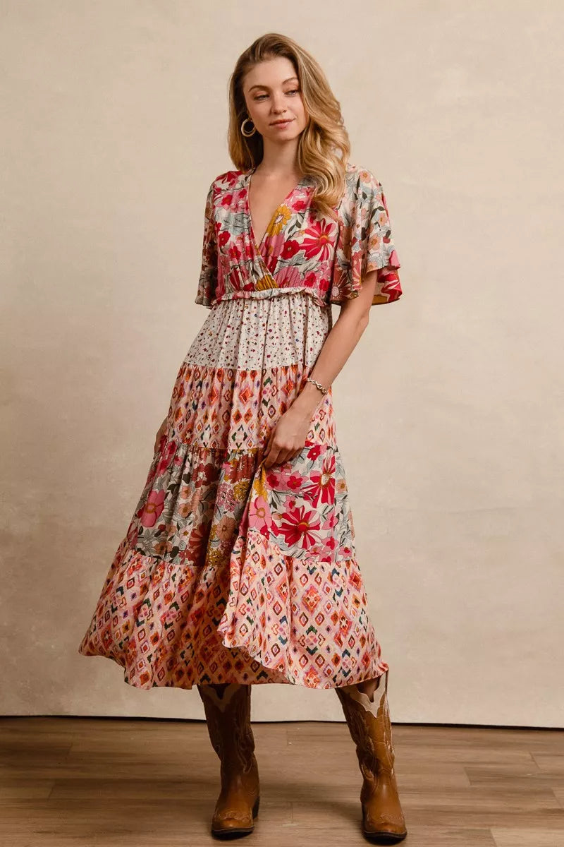 Bibi Floral Print Mix Midi Dress