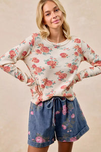 Bibi Floral Print Washed Waffle Knit Thermal Top