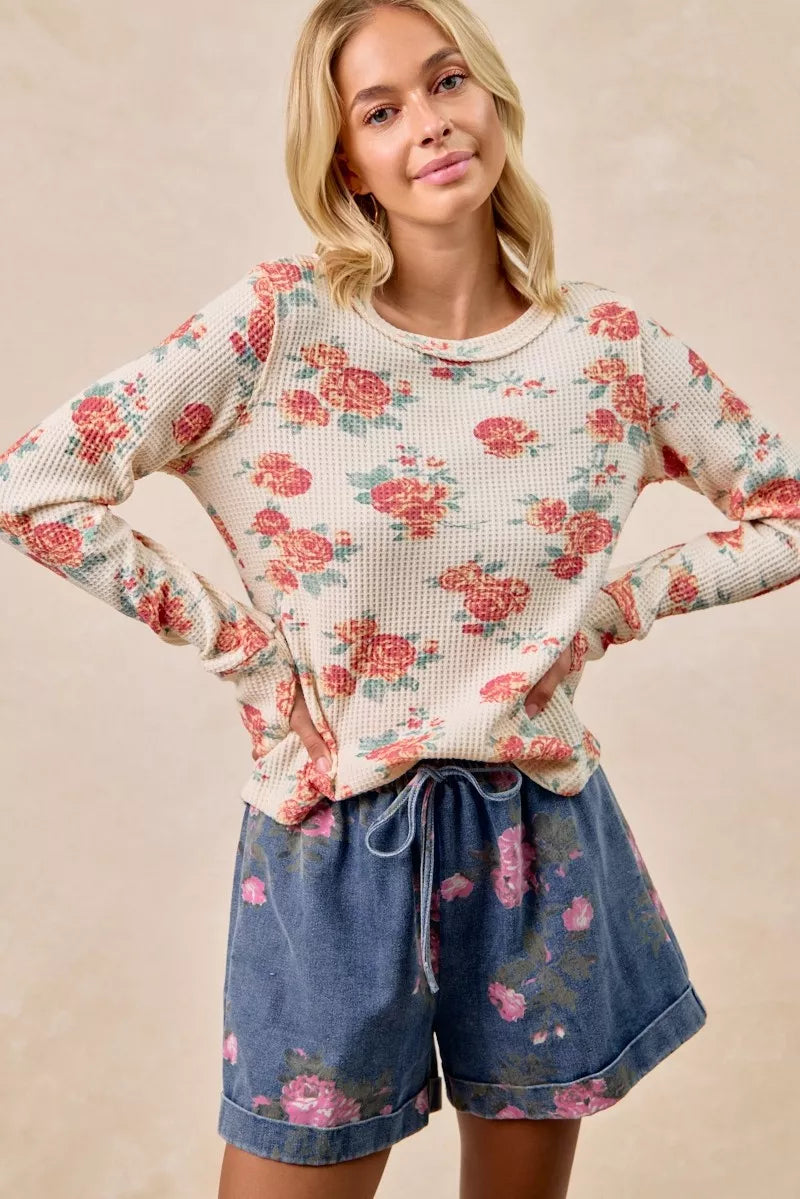 Bibi Floral Print Washed Waffle Knit Thermal Top