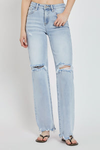 Risen High Rise Light Wash Distressed Wide Leg Jeans