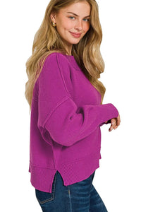 Zenana Plum Wide Neck Banded Drop Shoulder Sweater