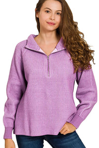 Zenana Ribbed Two Tone Half Zip Sweater in Violet/Lavender